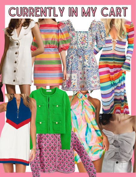 Currently in my cart / white button down dress / sofia Richie inspired / striped dress / wedding guest dress / vacation style / European style / green cardigan / 4th of July outfit / July 4th dress / pink quilted jacket / rainbow halter dress / bow top / summer fashion 

#LTKSeasonal #LTKtravel #LTKstyletip