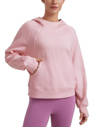 CRZ YOGA Womens Fleece Mock Neck Hoodie Oversized Pullover Long Sleeve Casual Workout Hooded Sweatshirts with Thumb Hole Strawberry Pink X-Small | Amazon (US)