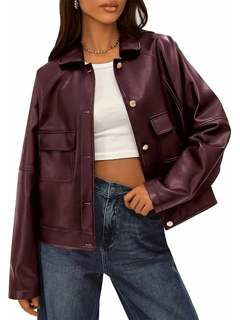 FreshPretty Leather Jacket Women Fall Clothes Long Sleeve Button Down Winter Coats Oversized Moto... | Walmart (US)