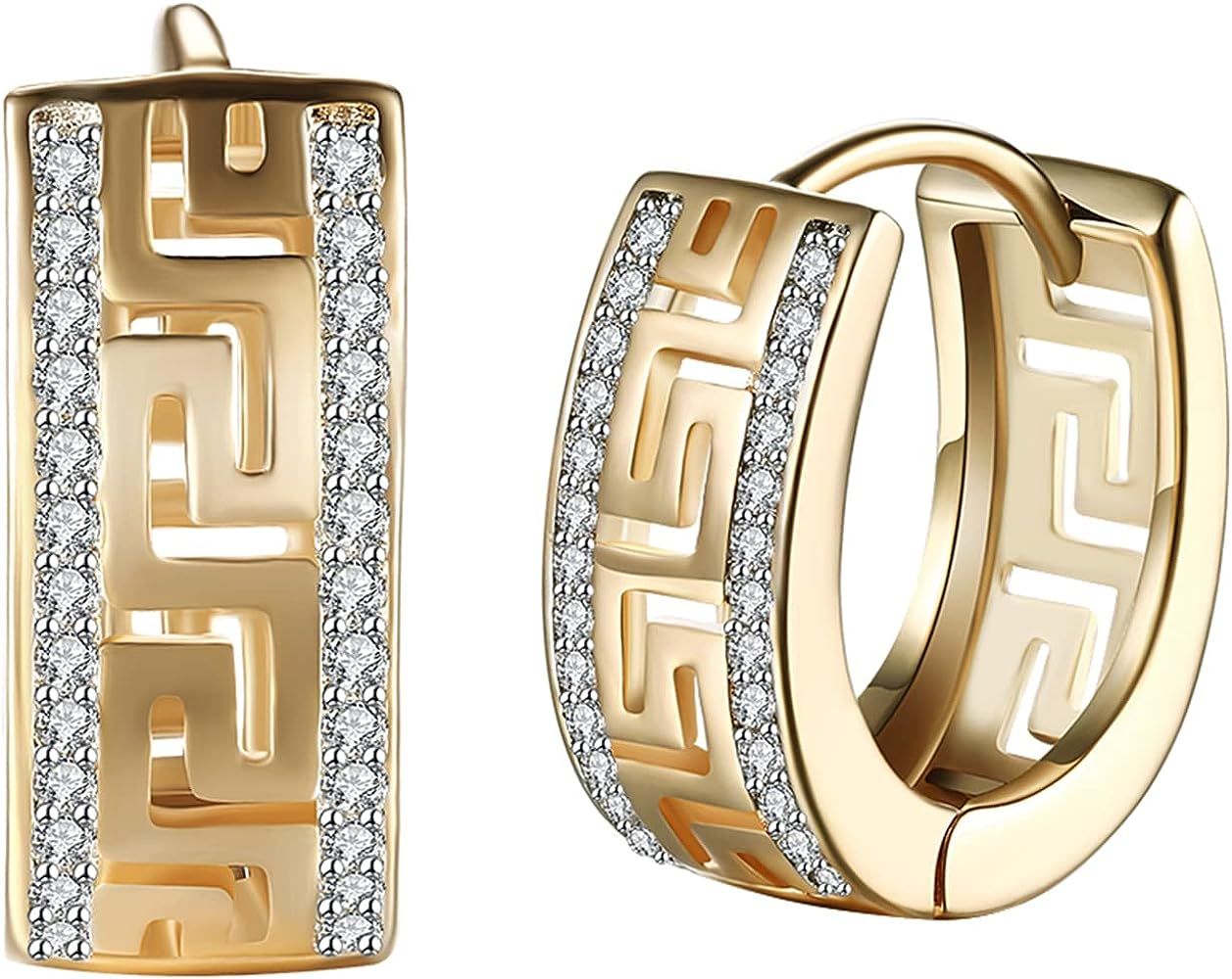 14K Gold Plated Cubic Zirconia Hoop Earrings,Three Row Diamon | Arrows | Double Row of Diamonds H... | Amazon (US)