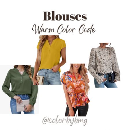 Blouses for your Warm Color Code

Warm Autumn or Warm Spring

Blouse colors from left to right: 

1. Army Green
2. Ginger
3. Orange Floral
4. Apricot