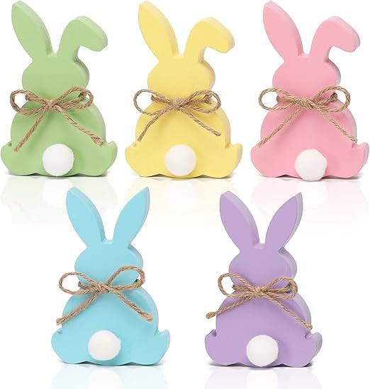 5pcs Easter Bunny Table Wooden Sign, Wooden Rabbit Shape Sign with Jute Rope，Easter Wood Tiered... | Amazon (US)
