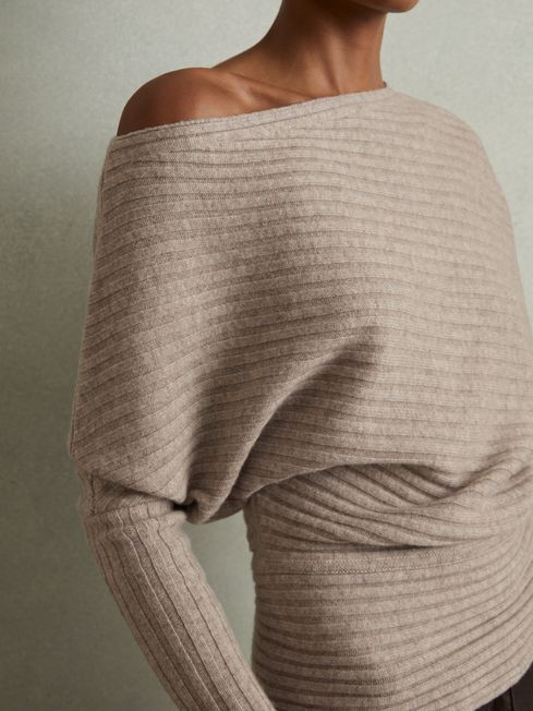 Wool-Cashmere Off-The-Shoulder Draped Jumper in Neutral | Reiss UK