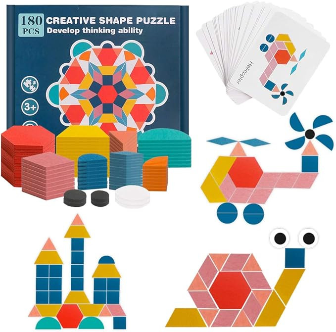 Amazon.com: RAEQKS 180Pcs Wooden Pattern Blocks Set Brain Teaser Puzzle Tangrams Educational Mont... | Amazon (US)