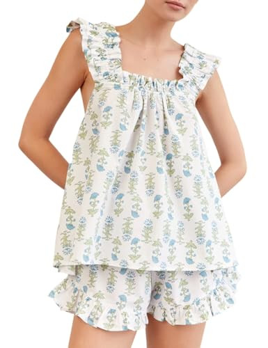 Wyeysyt Womens Floral Pajama Sets Ruffle Trim Cami Top and Shorts 2 Piece Sleepwear Set Pjs(Blue-M) | Amazon (US)