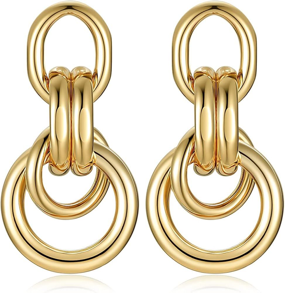 14K Gold Geometric Link Chain Drop Dangle Statement Earrings for Women - Unique Chunky Jewelry Gi... | Amazon (US)