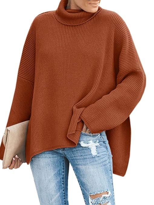 Ybenlow Womens Turtleneck Sweaters Batwing Sleeve Ribbed Loose Side Slit Oversized Pullover Knit ... | Amazon (US)