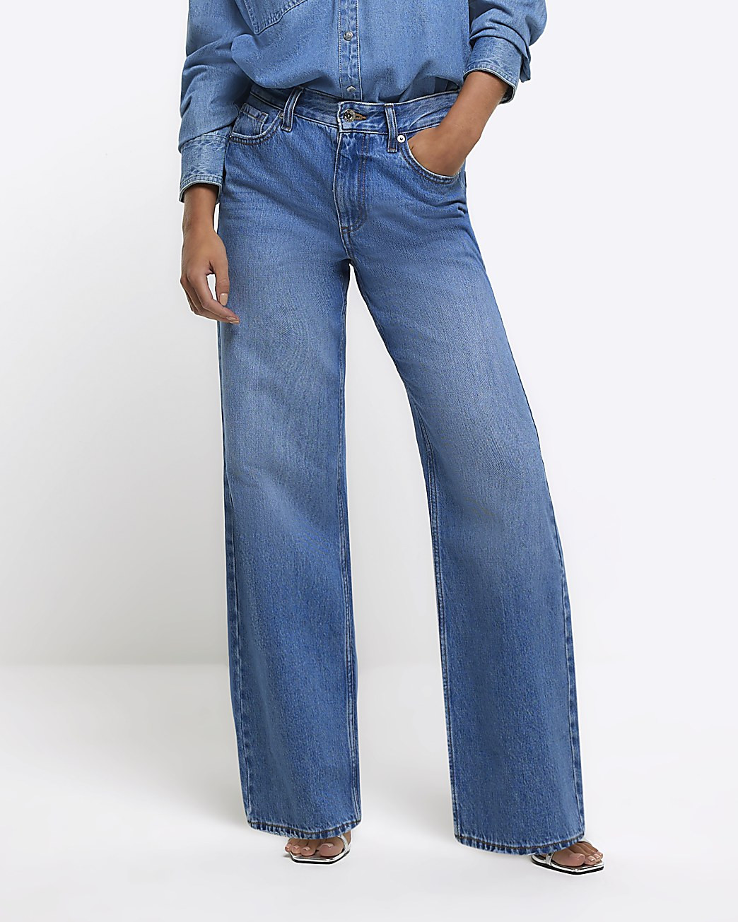 Petite blue high waisted straight leg jeans | River Island (UK & IE)