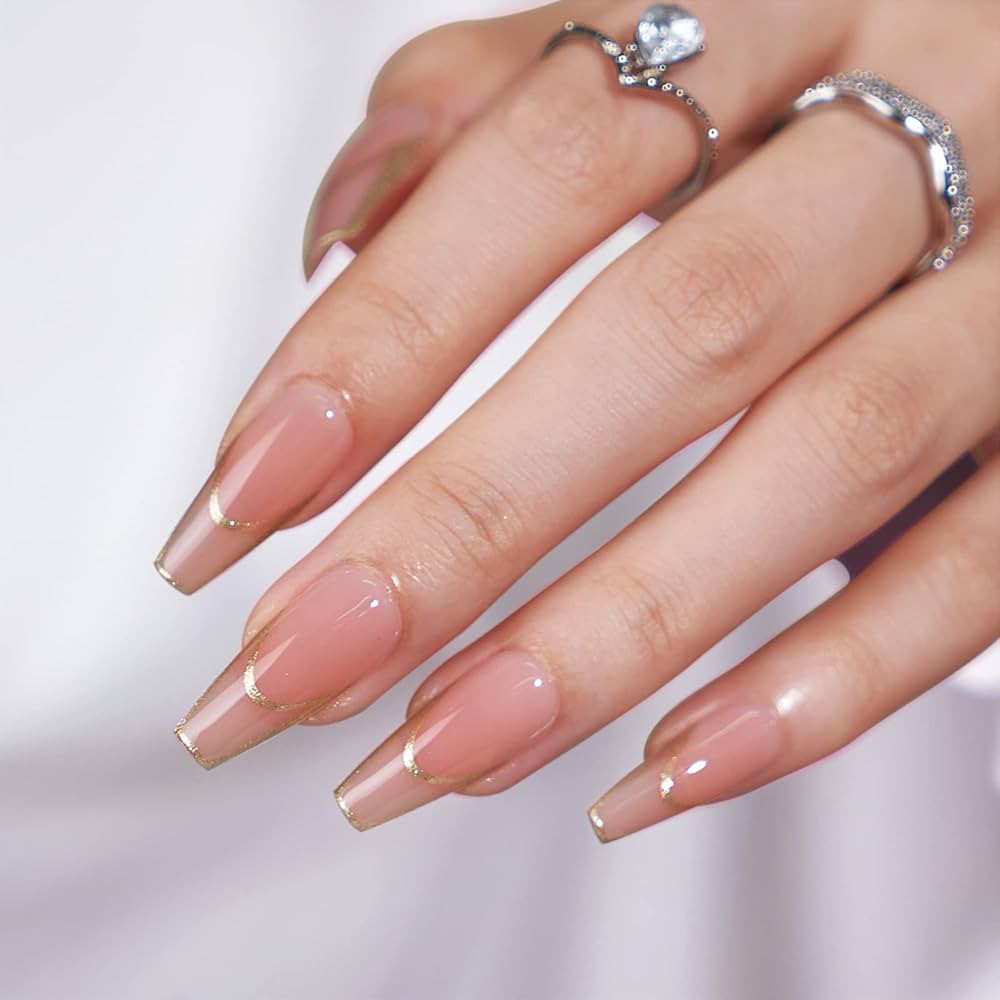 BTArtbox Press on Nails Long - Rose Gold Outline Designed French Tip Press on Nails, Coffin Glue ... | Amazon (US)