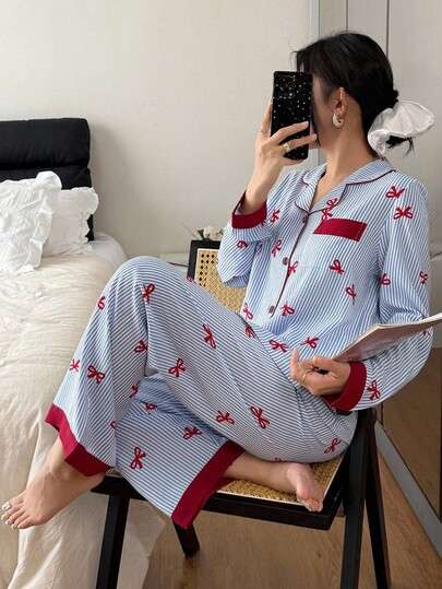 Women's Striped Bow Print Long Sleeve Top And Pants Pajama Set, Cute And Fresh, Suitable For Spring/Autumn Holidays Striped Pajamas Pajama With Bow, Fall Winter Clothes Bow Print Pajamas | SHEIN