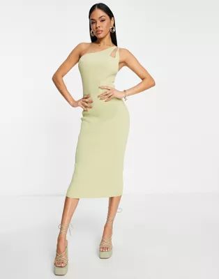 ASOS DESIGN knitted midi dress with asymmetric straps in khaki | ASOS (Global)