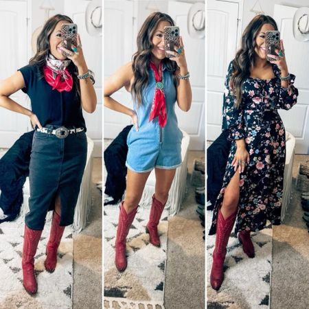 How to style red cowboy boots - Love these outfits featuring Amazon fashion , My favorite Lucchese boots , floral dress perfect if you need a spring dress idea , and a denim romper.
5/3

#LTKshoecrush #LTKstyletip #LTKFestival