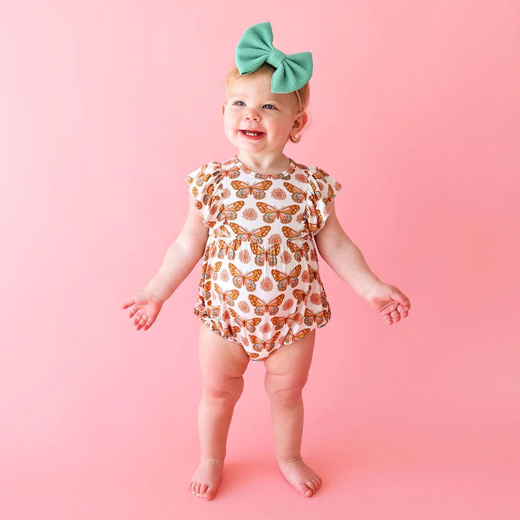 Butterfly Orange Sleeveless Bubble Romper | Jocelyn | Posh Peanut