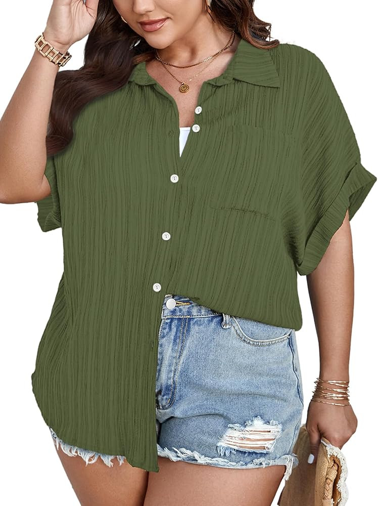 SCOMCHIC Women Plus Size Button Down Short Sleeve Shirts Collared Textured Summer Blouse Casual T... | Amazon (US)