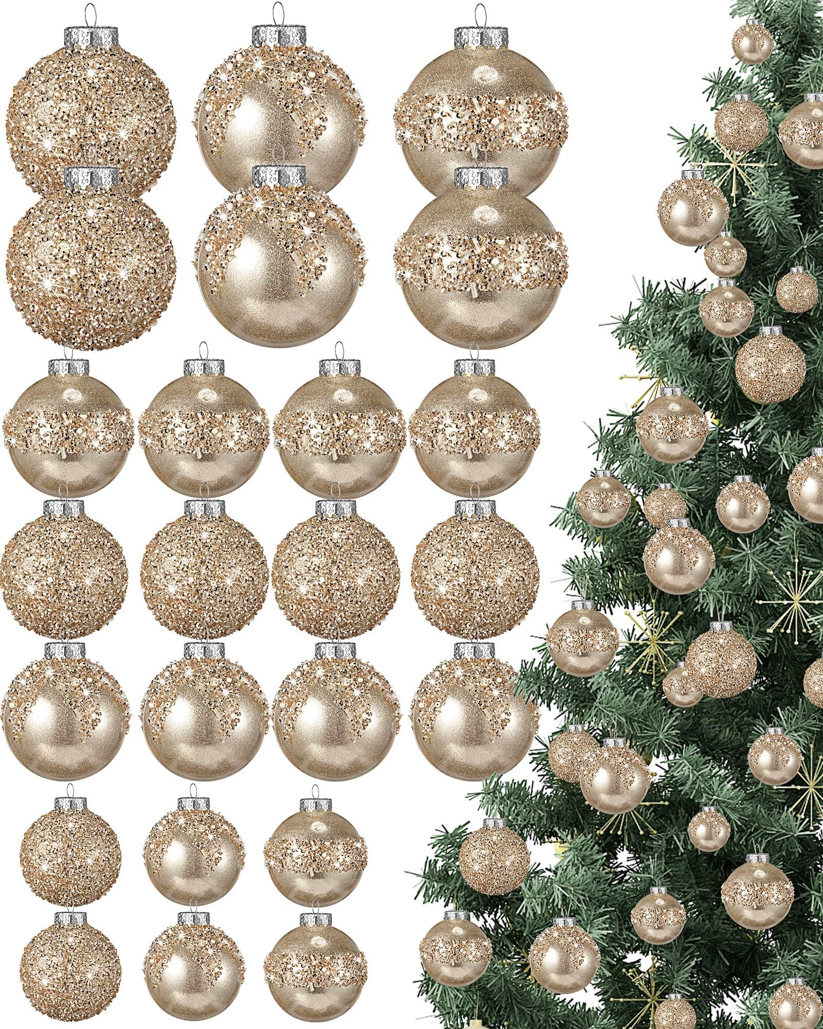 Civaner 24 Pcs Glitter Christmas Ball Ornaments Set 3.2'' 2.4'' 1.6'' Christmas Tree Ornaments Ha... | Amazon (US)