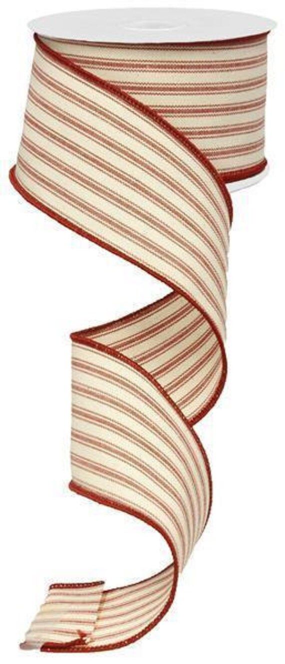 2.5" WIRED Beige/Red Ticking Stripe Ribbon-Ribbon by the Yard for DIY Wreaths, Bows Floral Arrang... | Etsy (US)