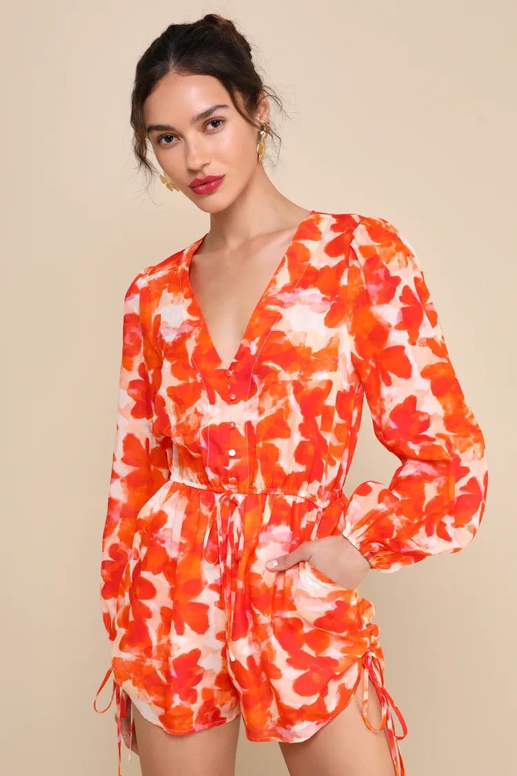 Sunny Demeanor Orange Floral Linen Long Sleeve Drawstring Romper | Lulus
