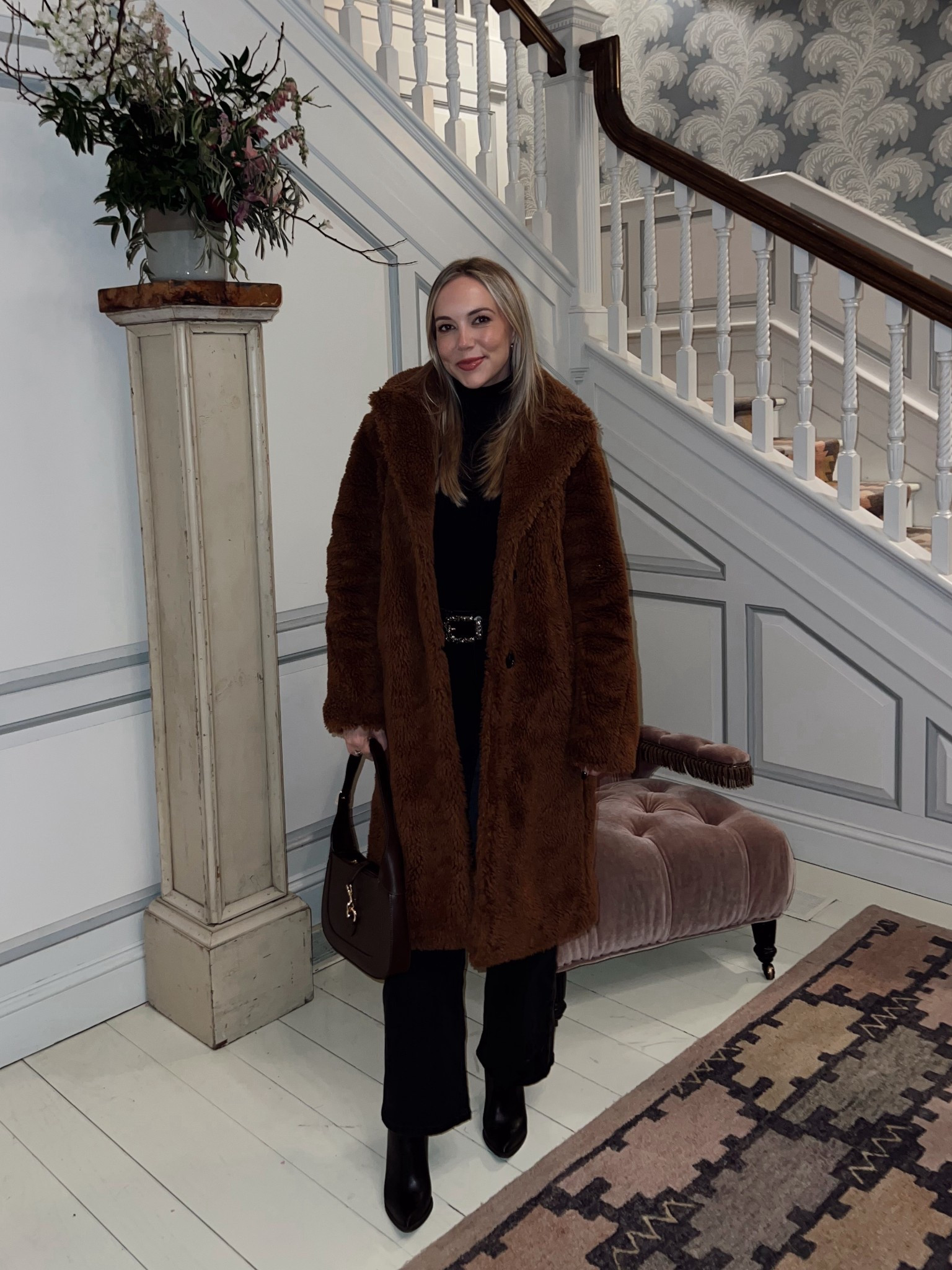 Black low rise jeans,  lack turtleneck long sleeve top, black booties, western belt, brown long teddy coat, brown shoulder bag 

#LTKFindsUnder100 #LTKdayinmylife #LTKFindsUnder50