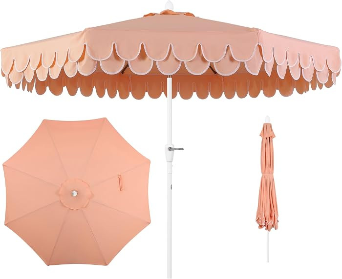 JONATHAN Y Tracy 9 ft. Outdoor Patio Umbrella with Scalloped Edge, Coastal Market Table Umbrella with Crank Lift and Tilt, 8 Sturdy Ribs UV Resistant for Pool, Coral Pink, White Pole UMB1002H | Amazon (US)