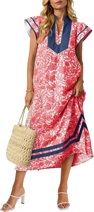 Wenrine Womens Summer Floral Maxi Dress Casual Short Cap Sleeve V Neck Color Block Side Slit Loos... | Amazon (US)