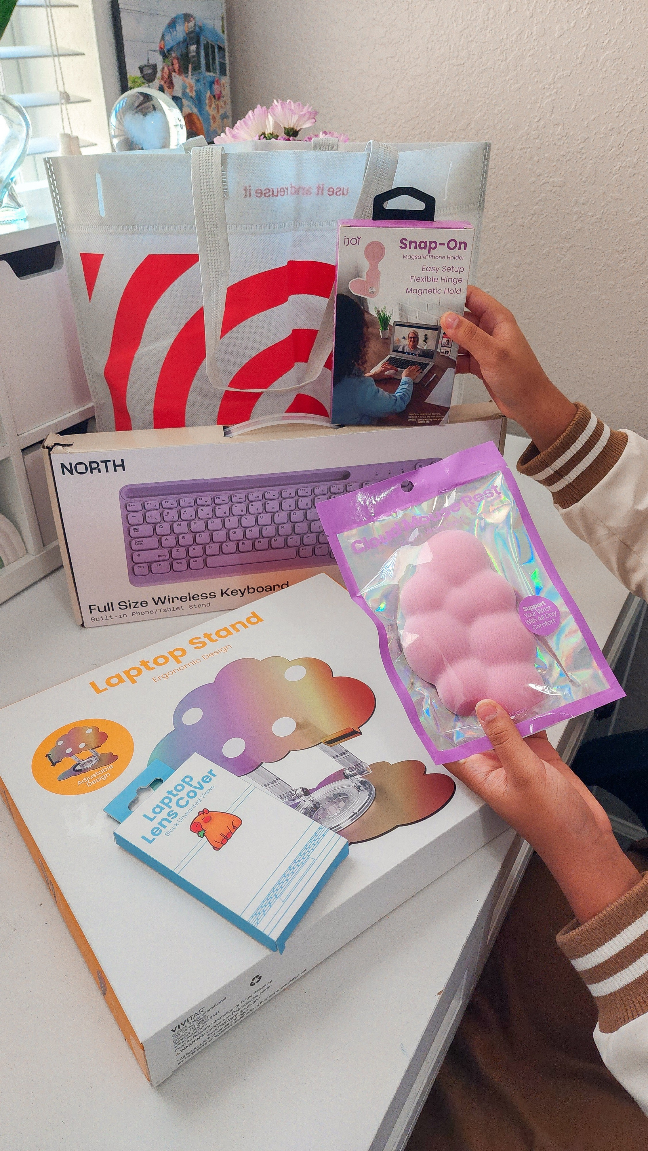 #ad We are kicking off the new school year with a cute and functional desk setup from @Target! From a cute Vivitar Acrylic Laptop Stand - Cloud Iridescent and North Full Size Wireless Keyboard to a fun Gems Cloud Mouse Wrist Rest, Vivitar Camera Cover - Capybara, and an IJoy Snap On Magsafe Kindle Holder - these functional accessories are new at Target and are perfect for creating a sweet and productive workspace. Whether your little ones are getting ready for back to school, college, or home study, Target has all the desk accessories you need. I linked all our favorites in my LTK shop. #targetpartner #target #laptopaccessories #backtoschool #backtocollege 

#LTKFamily #LTKKids #LTKHome