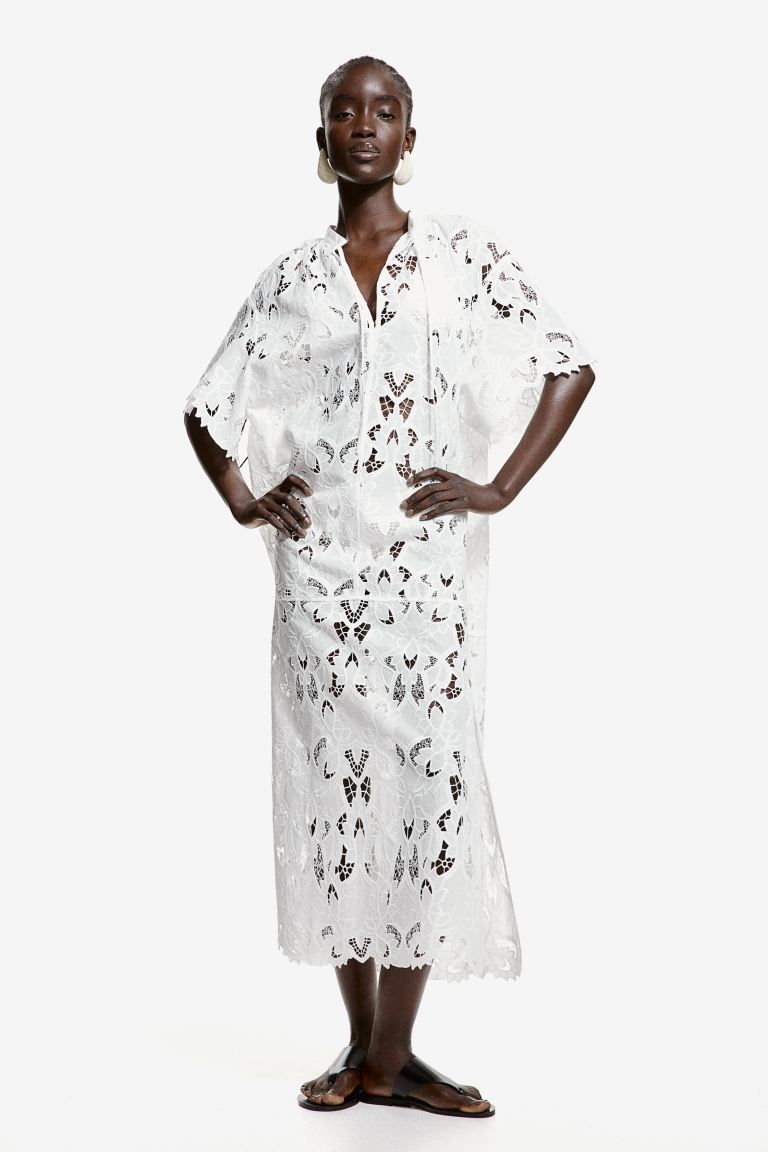Kaftan Dress with Eyelet Embroidery | White Maxi Dress | White Summer Dress | Hm Dress | H&M (US + CA)