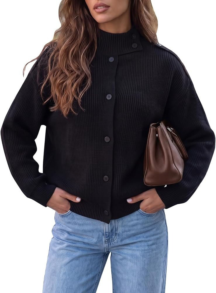 EXLURA Womens Funnel Neck Jackets Sweaters Long Sleeve Button Knit Cardigan | Amazon (US)