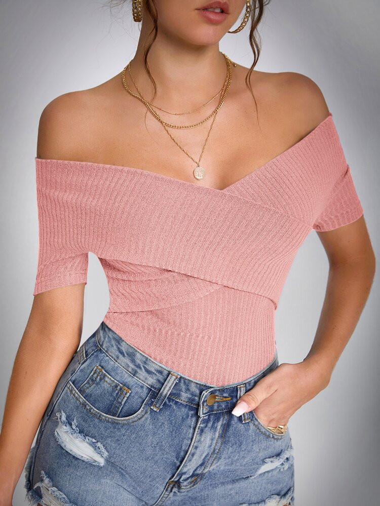 SHEIN Tall Solid Off The Shoulder Ribbed Knit Tee | SHEIN