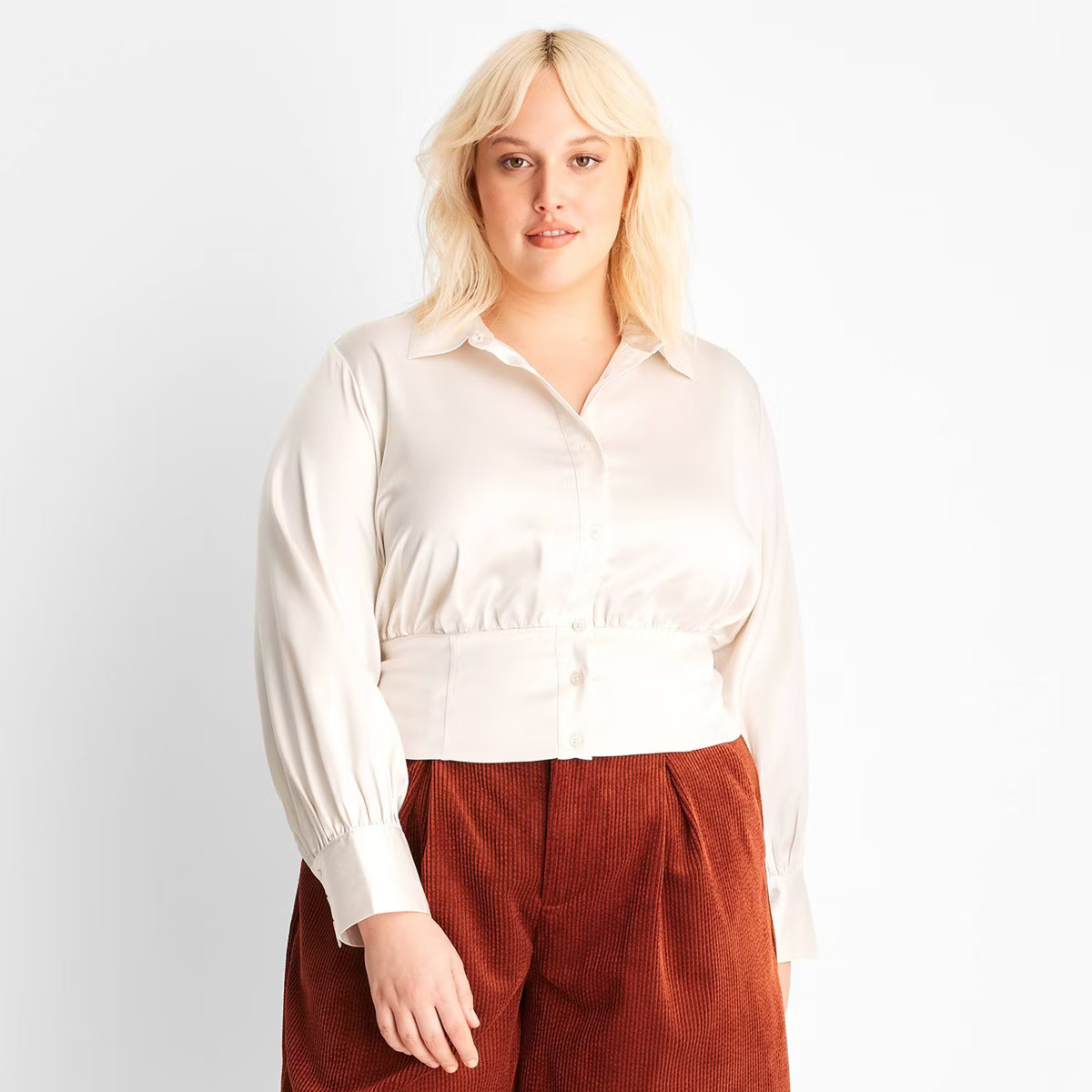 Women's Long Sleeve Collared Satin Corset Top - Future Collective™ with Reese Blutstein Off-Whi... | Target