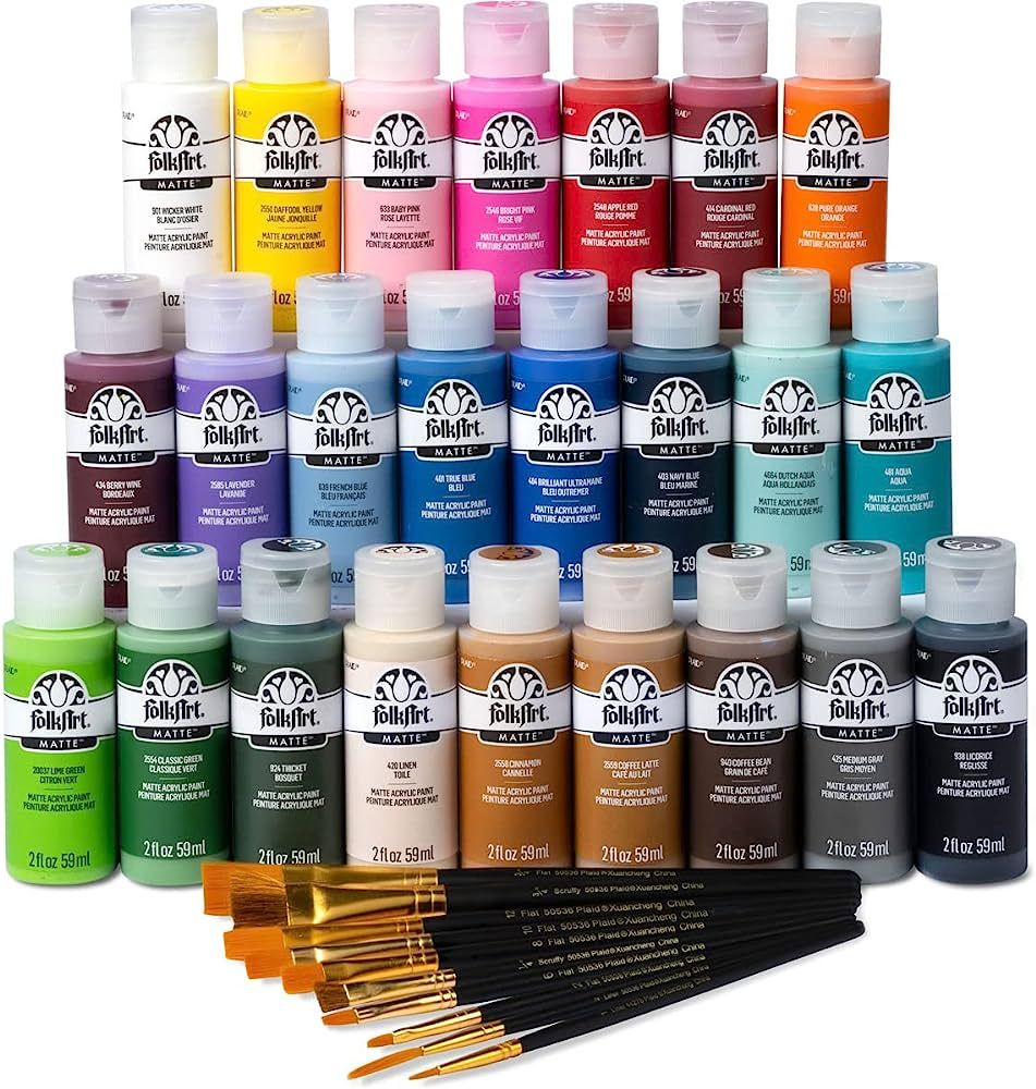 FolkArt 99445 24 Bottle Acrylic Craft Paint Set with 10 Pack of Brushes, 2oz, Colors May Vary | Amazon (US)