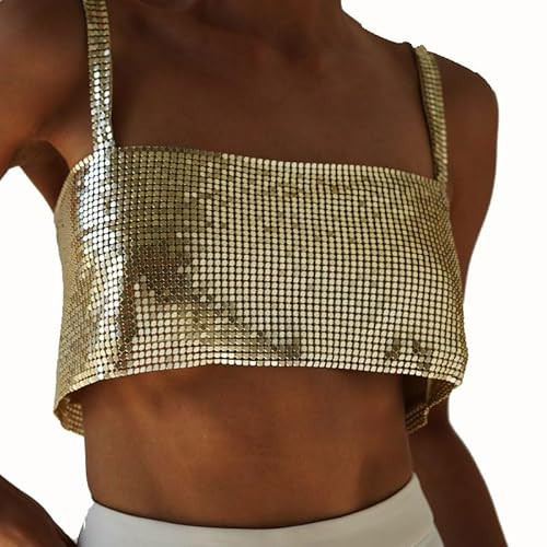 PartyArt Women's Sparkly Rhinestone Top ， Sexy Metallic Sleeveless Trendy Spaghetti Strap Tube Vest Rave Party Clubwear ， Gold Extra Small | Amazon (US)