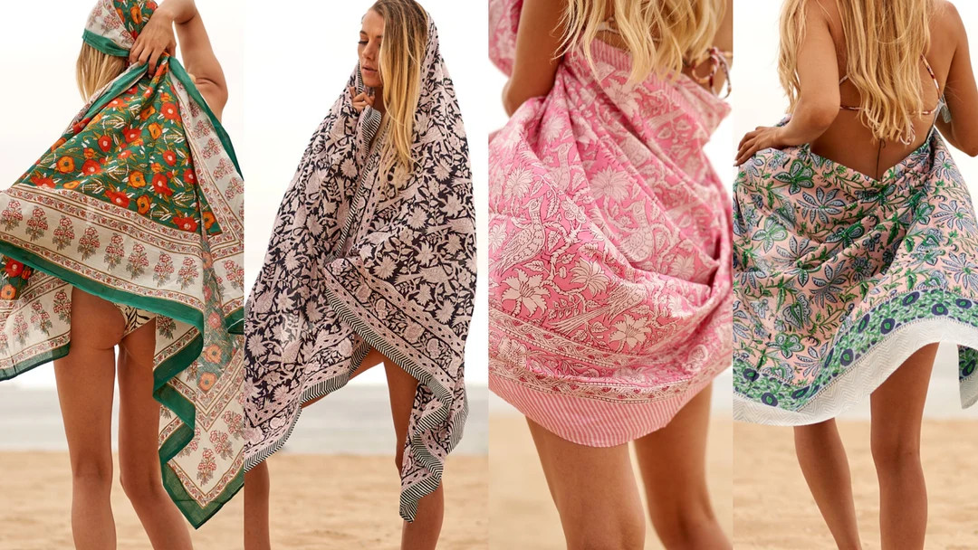 Set of 2 Cotton Sarong Block Print Sarong Pareo Cotton Boho Scarf Neck Head Wrapbeachgift for Her... | Etsy (US)