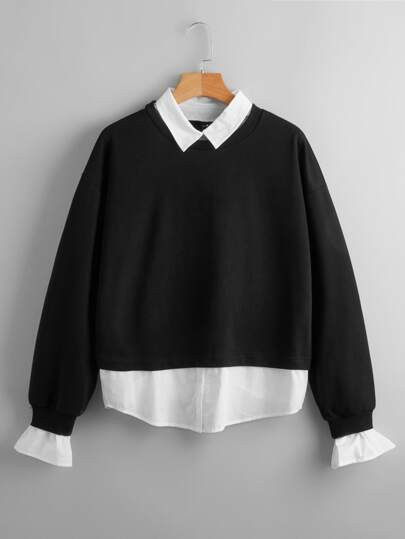 SHEIN Contrast Collar Flounce Sleeve 2 In 1 Sweatshirt | SHEIN