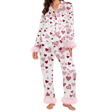 MEICHEN Pajamas Set for Women Valentine's Day Pajamas Set Heart Print Satin Trim Long Sleeve Shirt Pants Set Womens Sleepwear | Walmart (US)