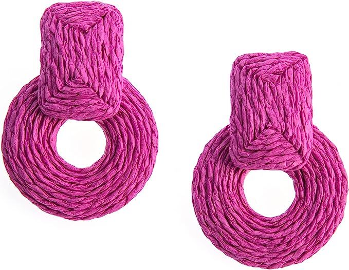 Statement Raffia Round Earrings - Boho Drop Handmade Straw Earrings - Geometric Dangle Earrings f... | Amazon (US)