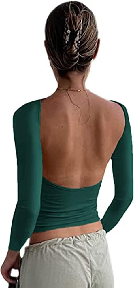 Chvity Women's Backless T-Shirts Y2K Crop Top Solid Casual Long Sleeve Sexy Vintage Cut Out Multi... | Amazon (US)
