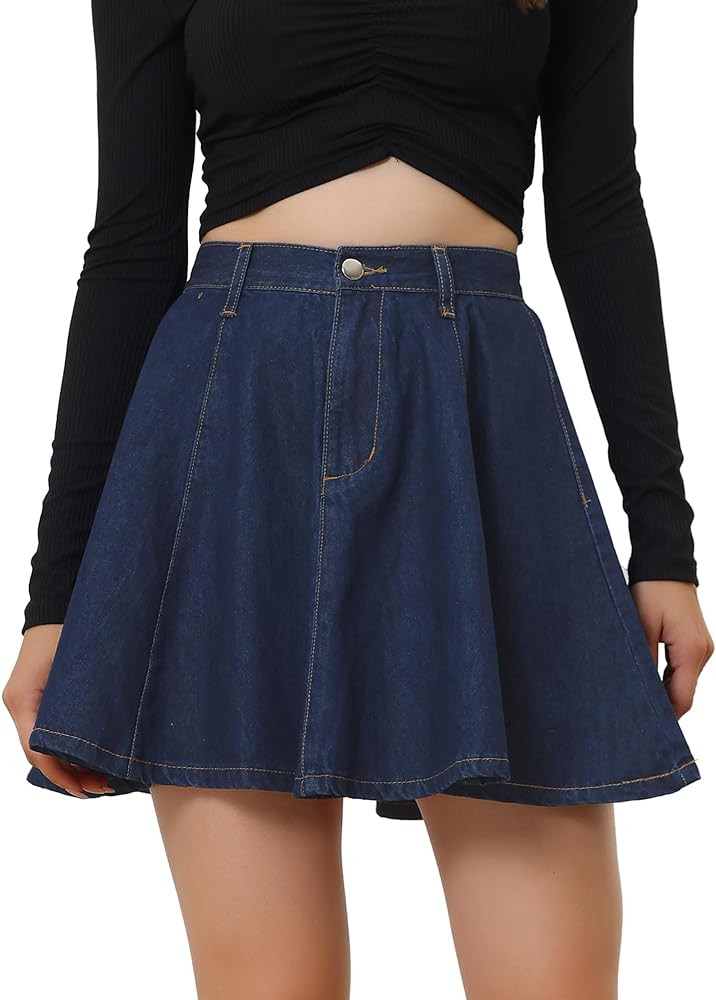 Allegra K Women's Casual Denim Skirt High Waist A-Line Flared Mini Jean Skirts with Belt | Amazon (US)