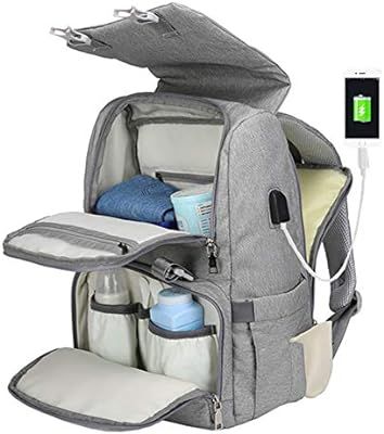 Diaper Bag Backpack for Mom&Dad, Large Capacity Baby Nappy Bag w/Changing Pad (Grey) | Amazon (US)