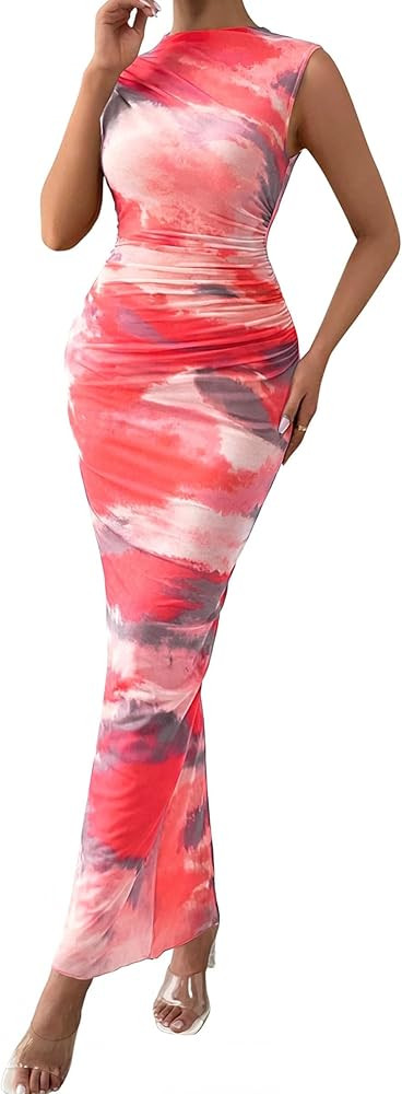 PRETTYGARDEN Summer Dresses for Women 2026 Sleeveless Bodycon Maxi Spring Mock Neck Tie Dye Mesh ... | Amazon (US)