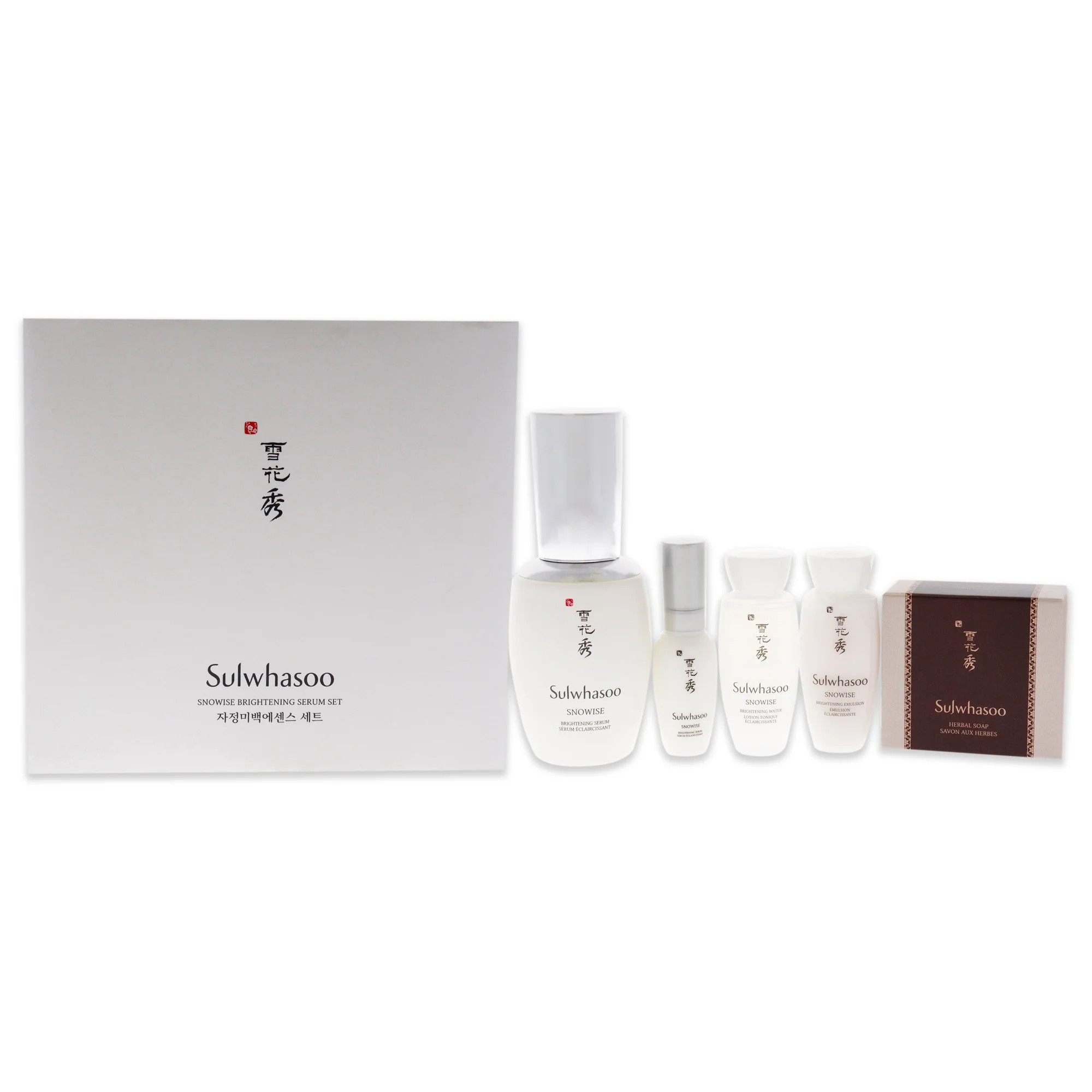 Snowise Brightening Serum Set by Sulwhasoo for Women - 5 Pc 1.7oz Serum, 8ml Serum, 15ml Water, 15ml Emulsion, 1.7oz Herbal Soap Red Ginger | Shop Simon