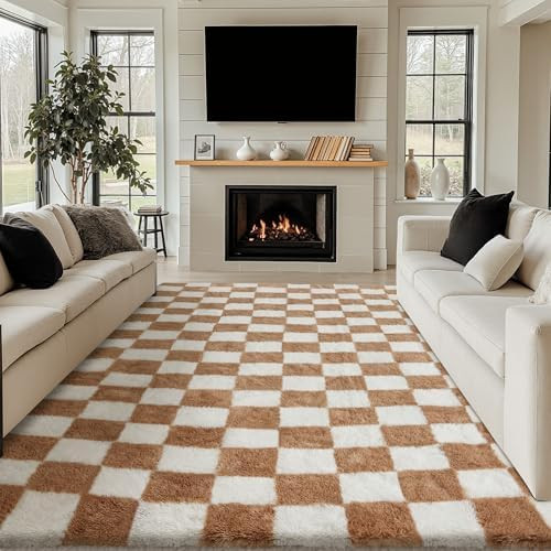 Checkered Rug 8x10 for Living Room, Beige and White Modern Shag Rug Washable Non-Slip Large Area ... | Amazon (US)