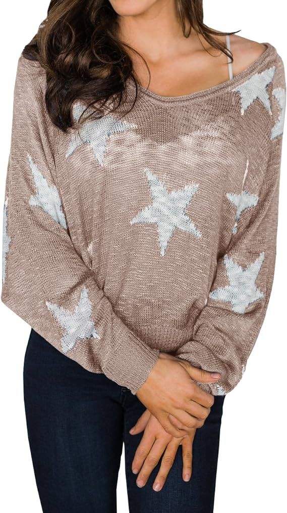 Womens Boat V Neck Sweater Star Knitted Long Sleeve Pullover Loose Lightweight Tops | Amazon (US)