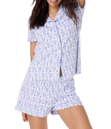 UAURORAO Rollar Rabbit Pajamas Set Women Bunny Printed Short Sleeve Button Shirt Pj Short Y2k Lounge Sleepwear Set(Monkey Purple 39,X-Large) | Amazon (US)