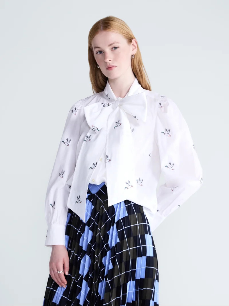 Free Assembly Women's Tie Neck Print Cotton Shirt with Long Puff Sleeves, Sizes XS-XXL | Walmart (US)