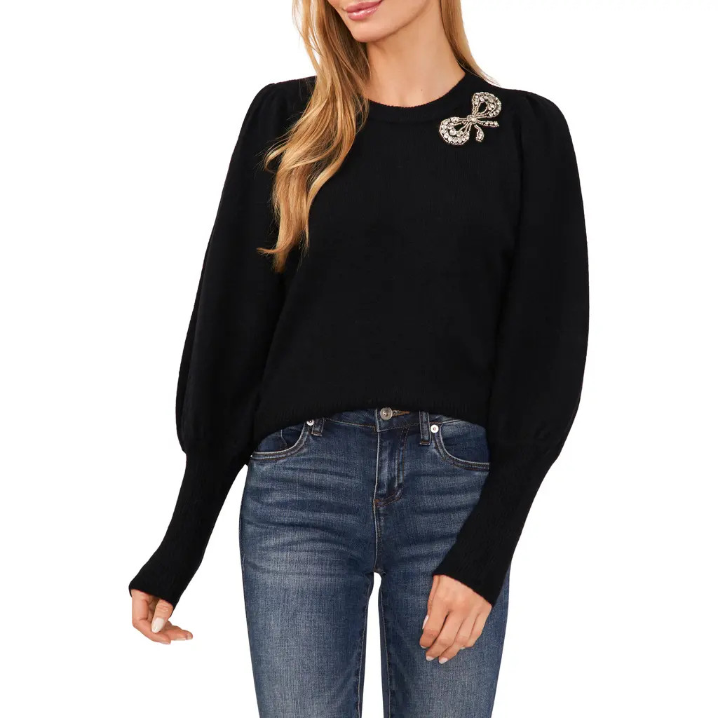 CeCe Rhinestone Bow Appliqué Sweater in Rich Black at Nordstrom, Size Xx-Small | Nordstrom