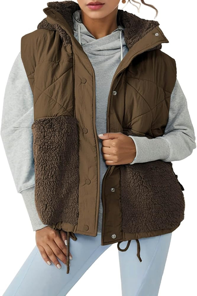 Imily Bela Womens Winter Sherpa Fleece Vest Stand Collar Button Down Sleeveless Jacket Casual Hoo... | Amazon (US)