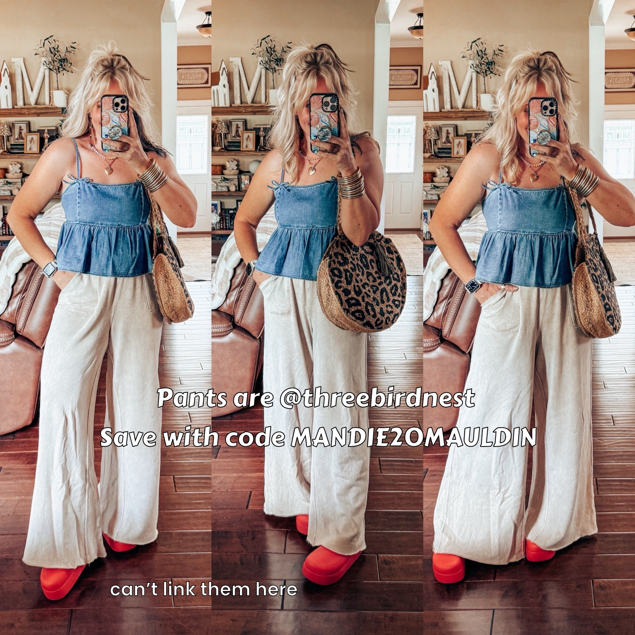 The cutest peplum denim top & these pants are so comfy but can’t link them here. Here’s the link to screenshot then copy and paste in your browser 👇🏼 
https://collabs.shop/ttdijr 
•Pants are a medium. Save with code MANDIE20MAULDIN
•Denim top is a size medium and I sized down in Crocs. 
💛 Necklace is @blueyeshorse save with code MANDIESAVE10 


#LTKStyleTip #LTKFindsUnder50 #LTKOver40
