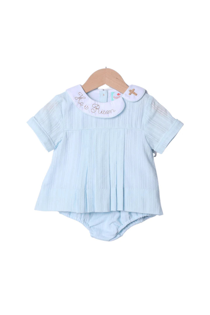 He Is Risen Blue Linen Diaper Set | The Smocked Flamingo