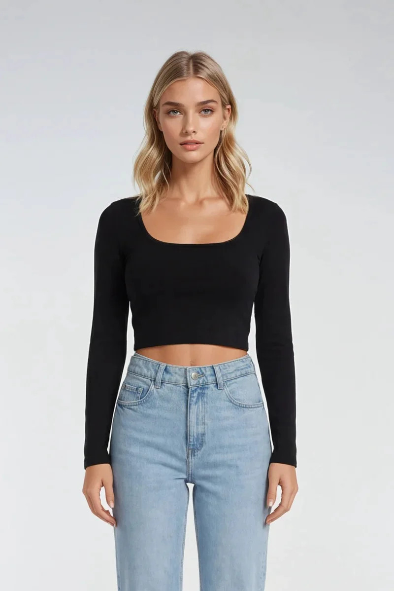 Forever 21 WGA Square Neck Long Sleeve Top, Color-Black, Size-S | Walmart (US)