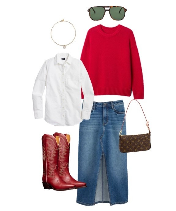 Western preppy spring outfit 
Red sweater 
Red cowboy boots 
Denim midi skirt 

#LTKSeasonal